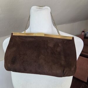 Vintage Andé Brown Suede Evening Bag 1960s Gold Frame Chain Clutch Purse Retro